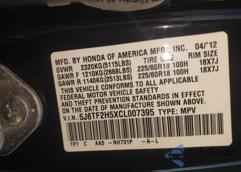 2012 Honda Crosstour Ex-L z USA, uszkodzony, nr VIN 5J6TF2H5XCL007395